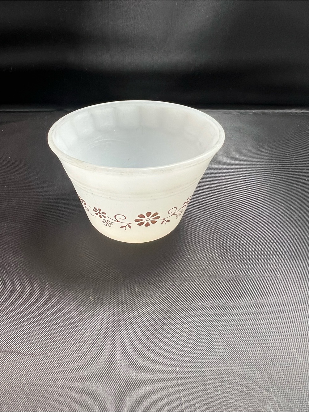 Vintage Glasbake Milk Glass Custard Cup Brown Daisy Floral Pattern Retro Kitchen